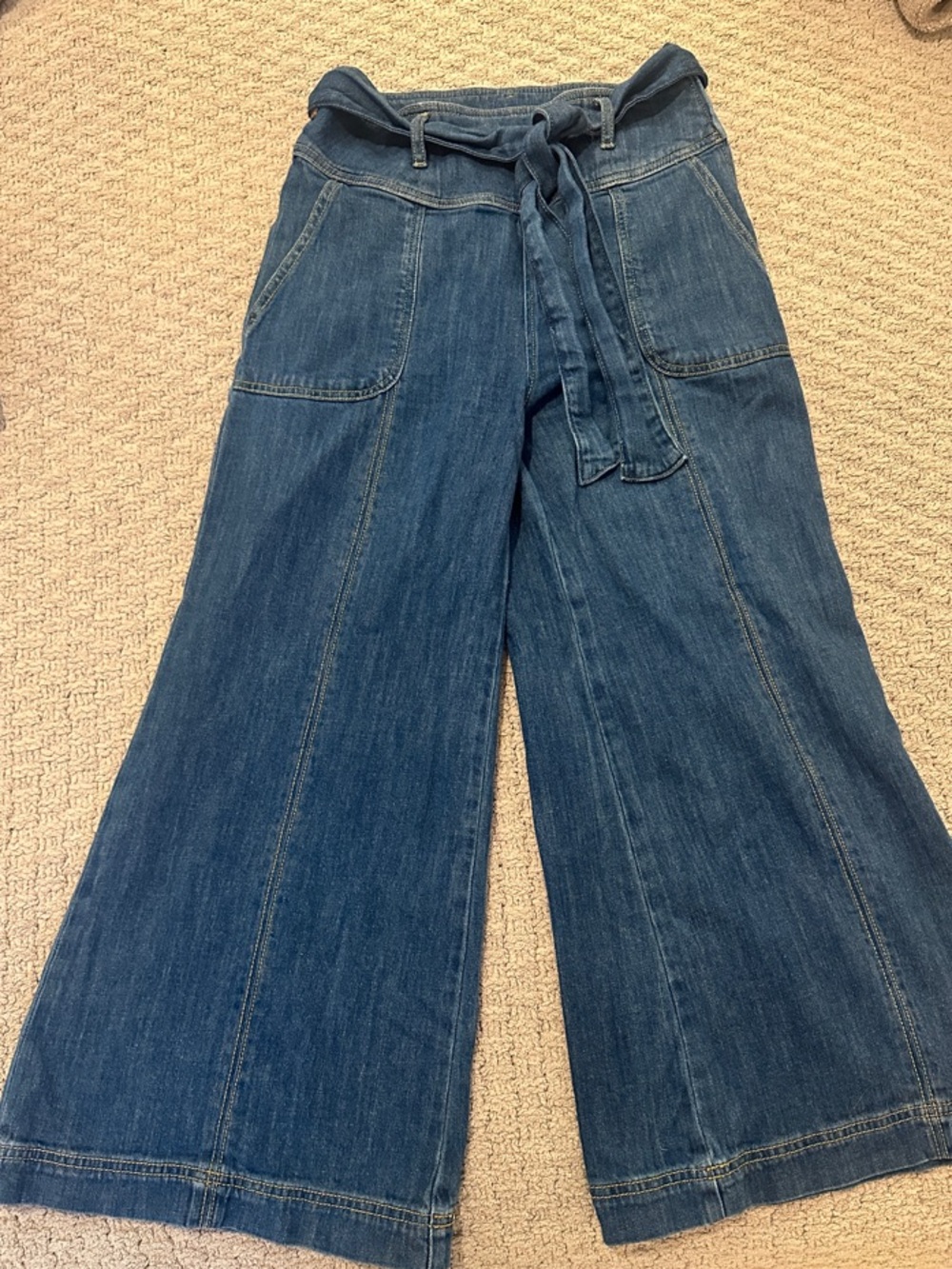 Pilcro Wide-Leg Denim Pants with Tie Belt - Blue